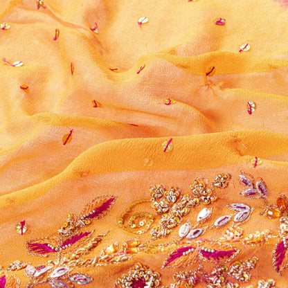 Sanskriti Vintage Orange-Pink Pure Georgette Silk Dupatta Stole Hand Beaded Veil