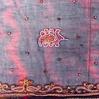 Sanskriti Vintage Blue Pure Chiffon Silk Dupatta Stole Tie-Dye-Hand Beaded Veil