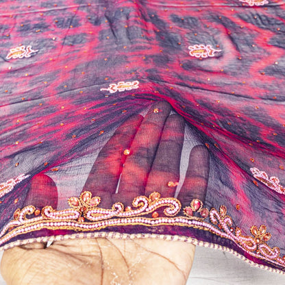 Sanskriti Vintage Blue Pure Chiffon Silk Dupatta Stole Tie-Dye-Hand Beaded Veil