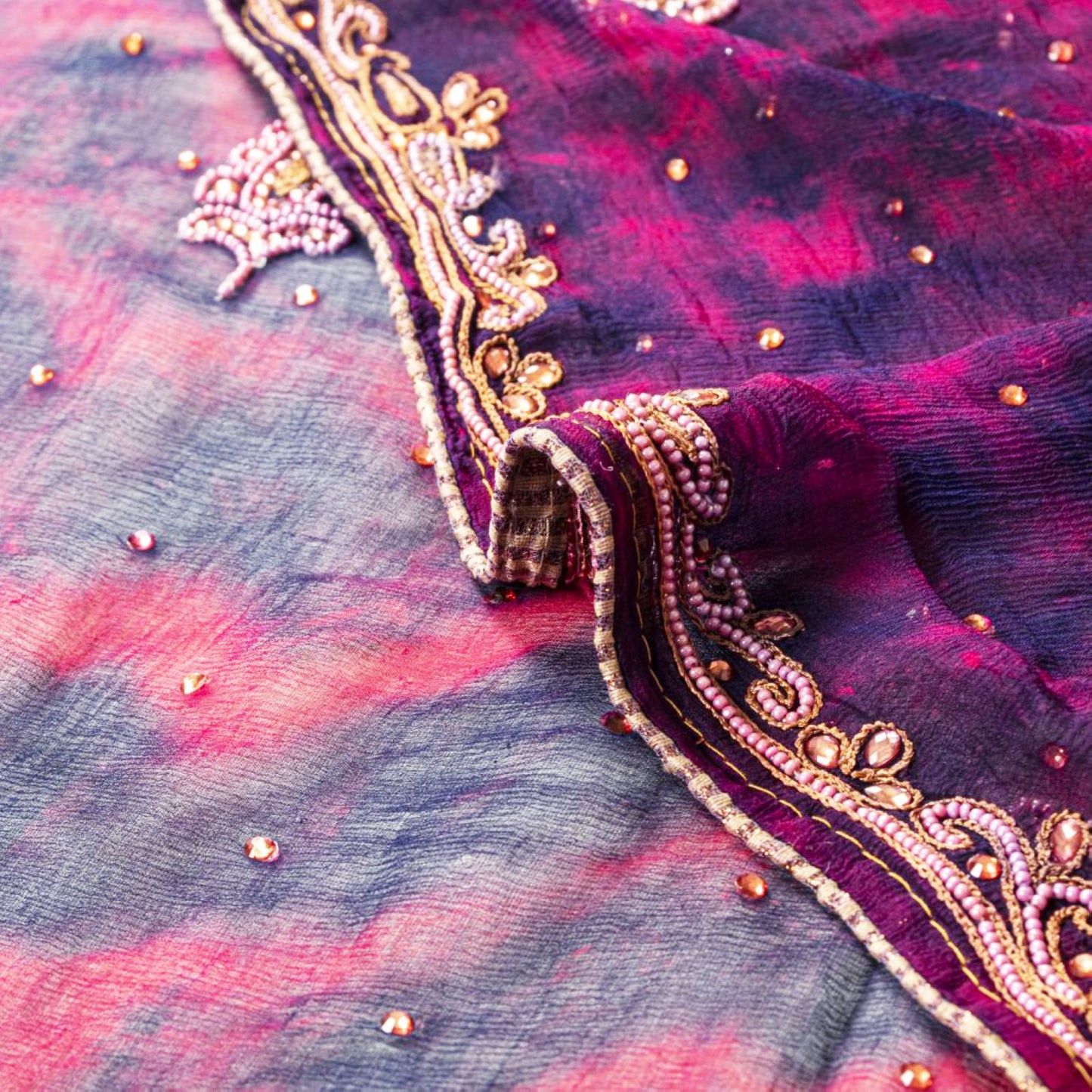 Sanskriti Vintage Blue Pure Chiffon Silk Dupatta Stole Tie-Dye-Hand Beaded Veil