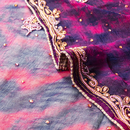 Sanskriti Vintage Blue Pure Chiffon Silk Dupatta Stole Tie-Dye-Hand Beaded Veil