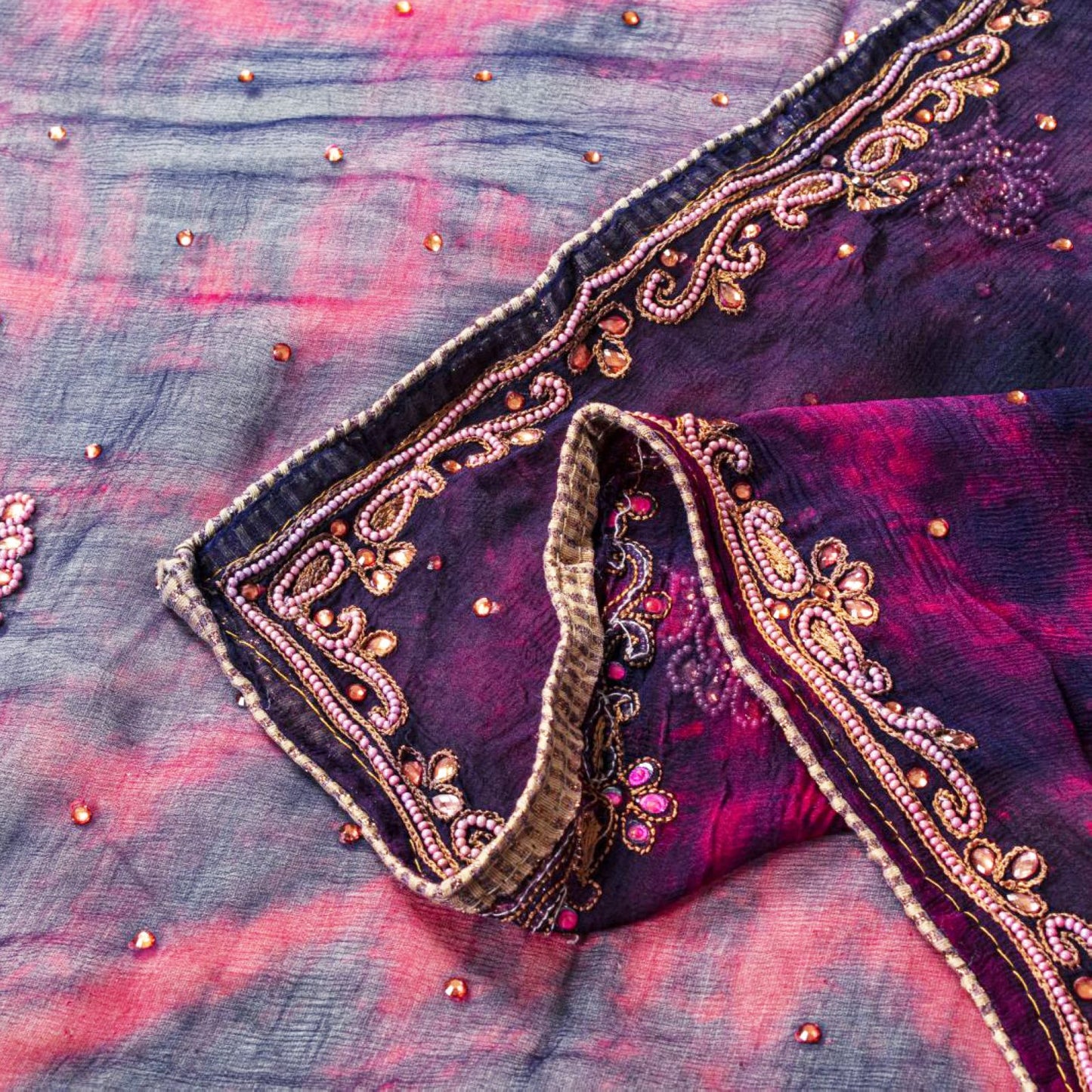 Sanskriti Vintage Blue Pure Chiffon Silk Dupatta Stole Tie-Dye-Hand Beaded Veil