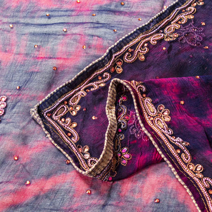 Sanskriti Vintage Blue Pure Chiffon Silk Dupatta Stole Tie-Dye-Hand Beaded Veil