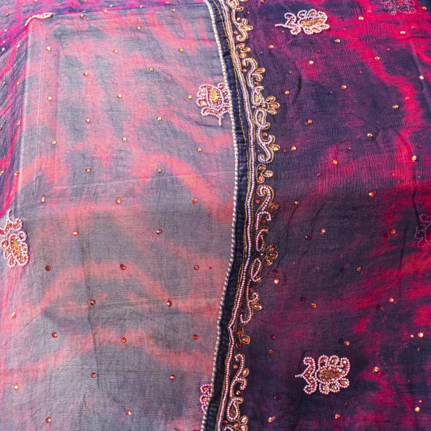 Sanskriti Vintage Blue Pure Chiffon Silk Dupatta Stole Tie-Dye-Hand Beaded Veil