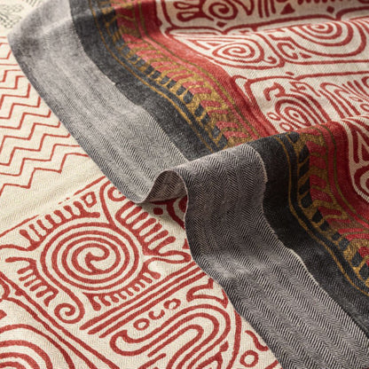 Sanskriti Vintage Beige Pure Woolen Dupatta Stole Sanganeri Hand Block Printed