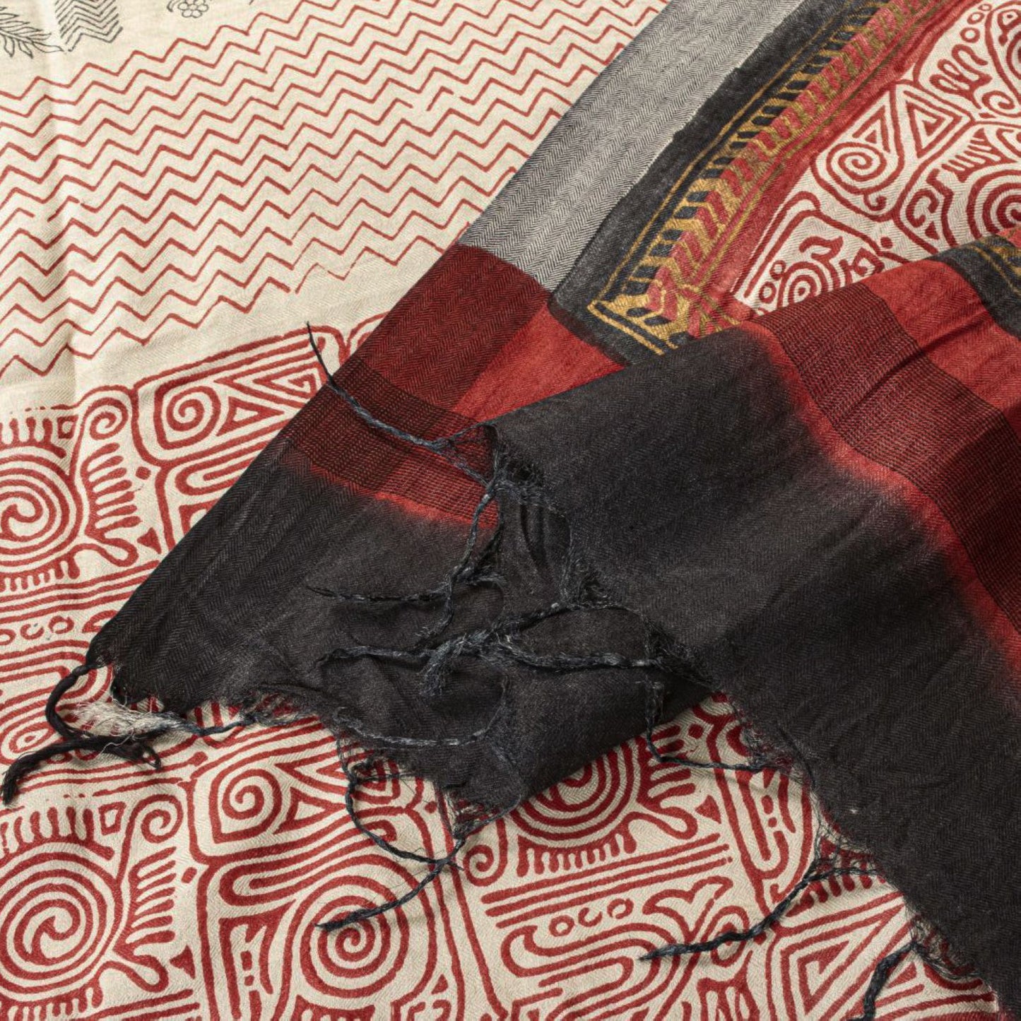 Sanskriti Vintage Beige Pure Woolen Dupatta Stole Sanganeri Hand Block Printed