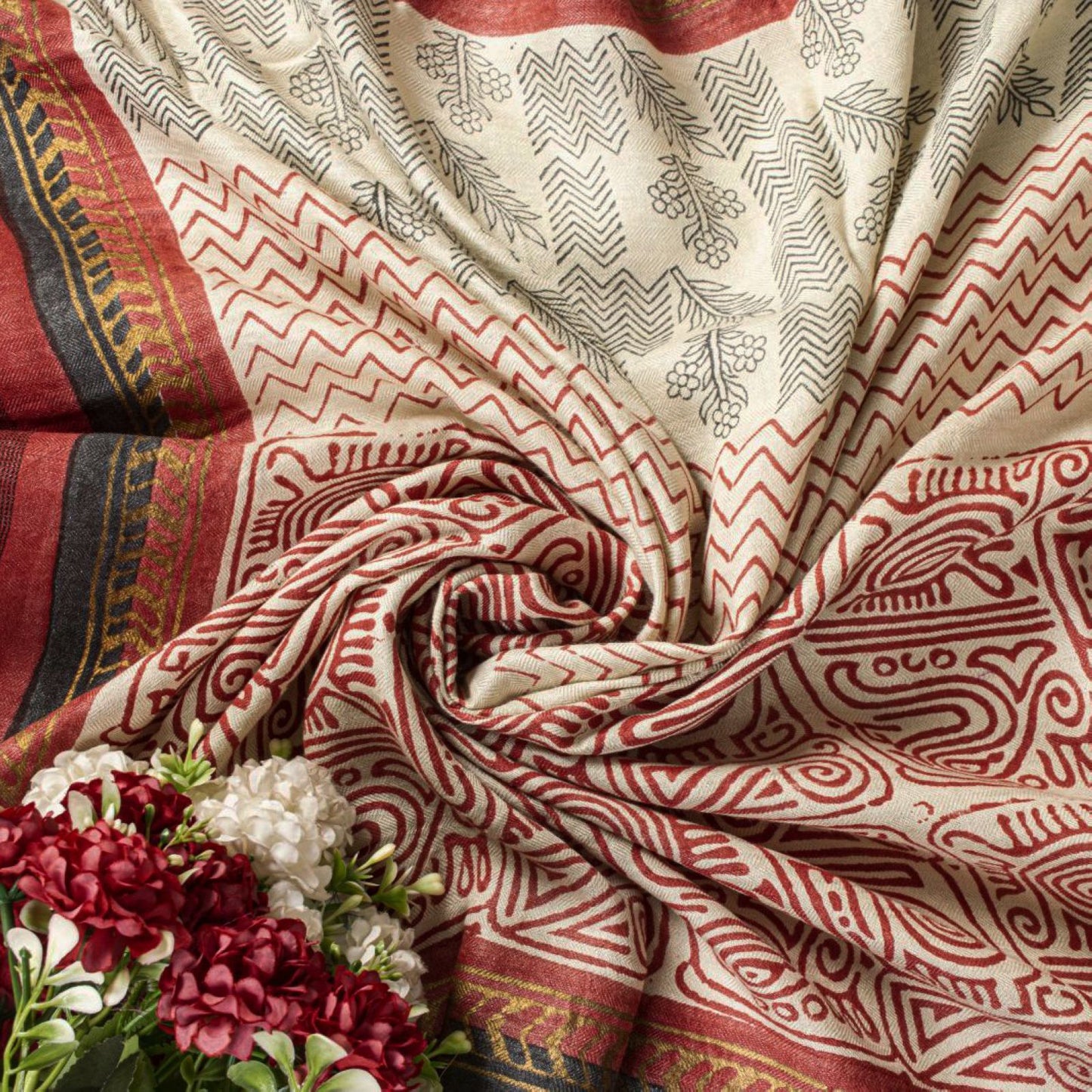 Sanskriti Vintage Beige Pure Woolen Dupatta Stole Sanganeri Hand Block Printed