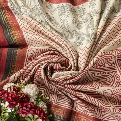 Sanskriti Vintage Beige Pure Woolen Dupatta Stole Sanganeri Hand Block Printed