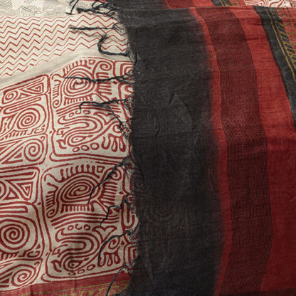 Sanskriti Vintage Beige Pure Woolen Dupatta Stole Sanganeri Hand Block Printed
