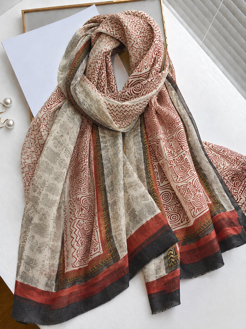 Sanskriti Vintage Beige Pure Woolen Dupatta Stole Sanganeri Hand Block Printed