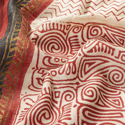 Sanskriti Vintage Beige Pure Woolen Dupatta Stole Sanganeri Hand Block Printed