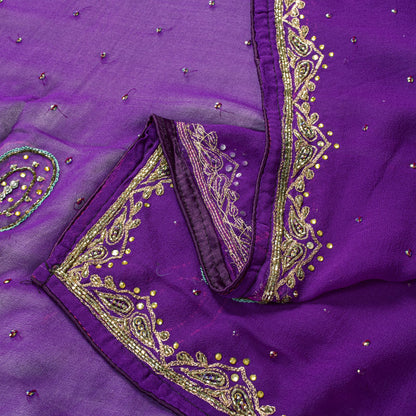 Sanskriti Vintage Purple Pure Georgette Silk Dupatta/Stole Hand Beaded Zari Veil
