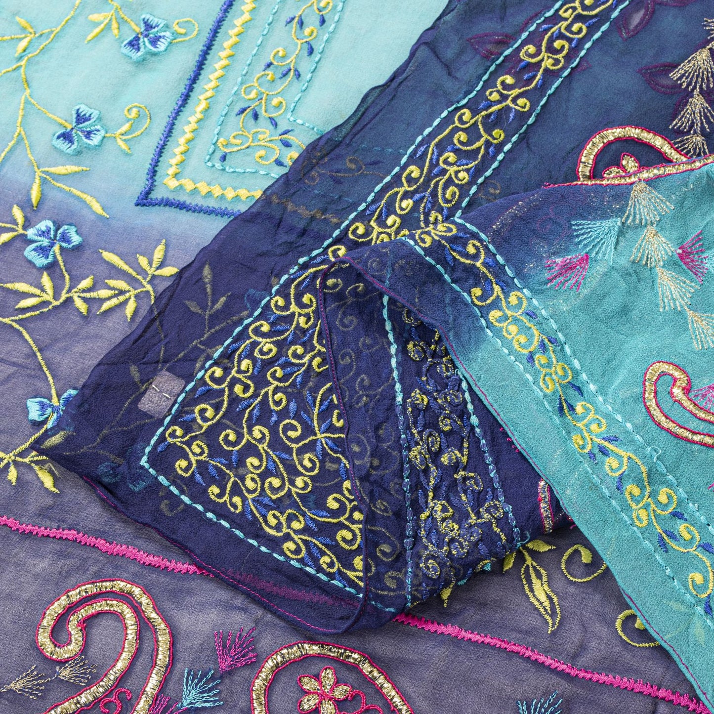 Sanskriti Vintage Blue-Pink Pure Georgette Dupatta/Stole Embroidery Wedding Veil