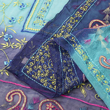 Sanskriti Vintage Blue-Pink Pure Georgette Dupatta/Stole Embroidery Wedding Veil