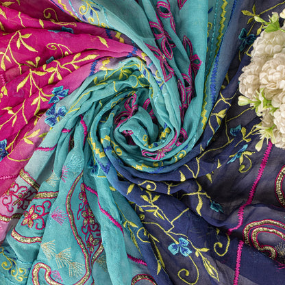 Sanskriti Vintage Blue-Pink Pure Georgette Dupatta/Stole Embroidery Wedding Veil