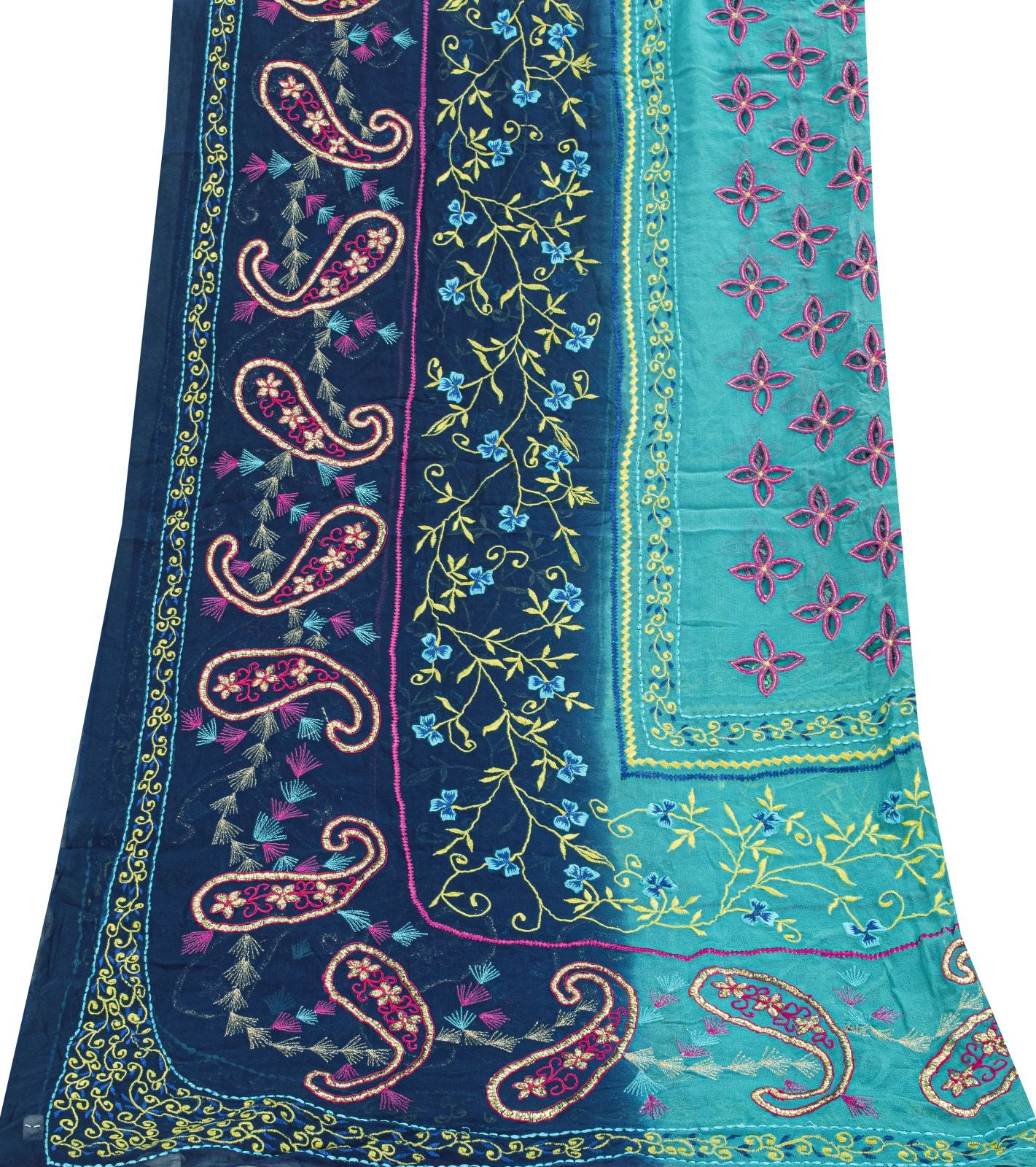 Sanskriti Vintage Blue-Pink Pure Georgette Dupatta/Stole Embroidery Wedding Veil