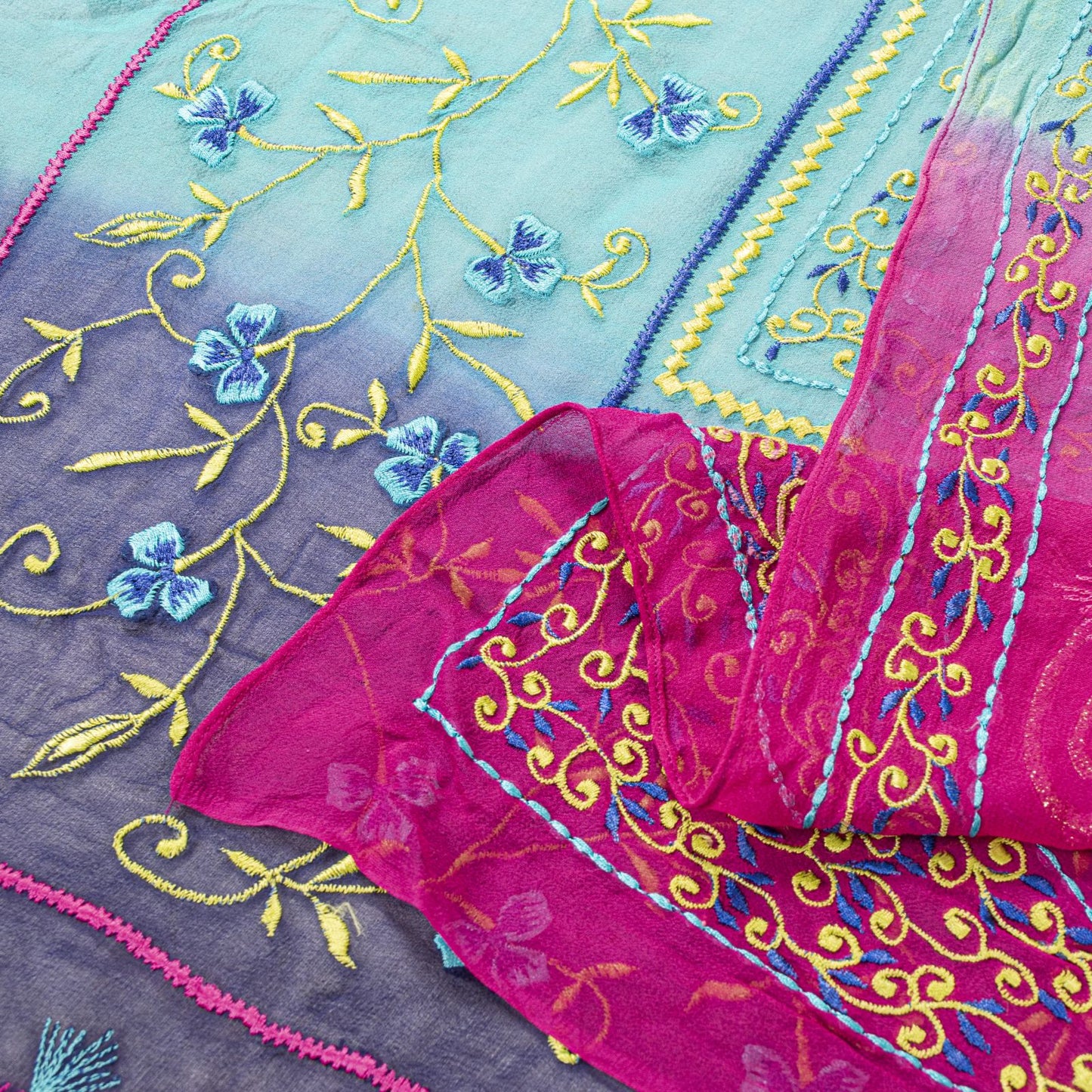 Sanskriti Vintage Blue-Pink Pure Georgette Dupatta/Stole Embroidery Wedding Veil