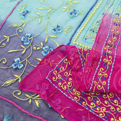 Sanskriti Vintage Blue-Pink Pure Georgette Dupatta/Stole Embroidery Wedding Veil