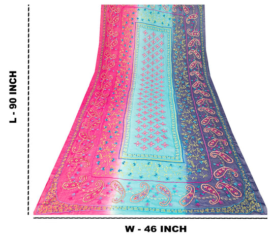Sanskriti Vintage Blue-Pink Pure Georgette Dupatta/Stole Embroidery Wedding Veil