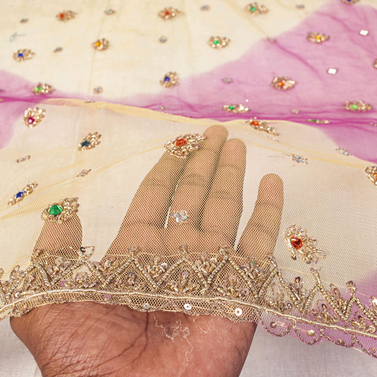 Sanskriti Vintage Pink Net Dupatta/Stole Hand Embroidered Zardozi Wedding Veil