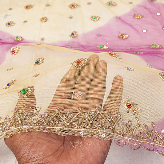 Sanskriti Vintage Pink Net Dupatta/Stole Hand Embroidered Zardozi Wedding Veil