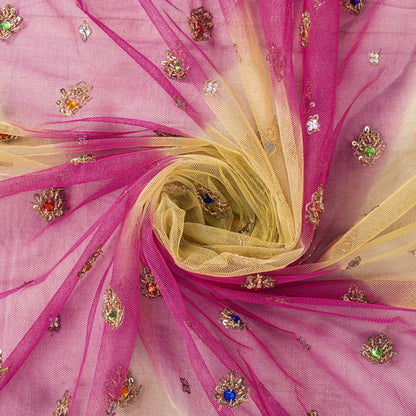 Sanskriti Vintage Pink Net Dupatta/Stole Hand Embroidered Zardozi Wedding Veil