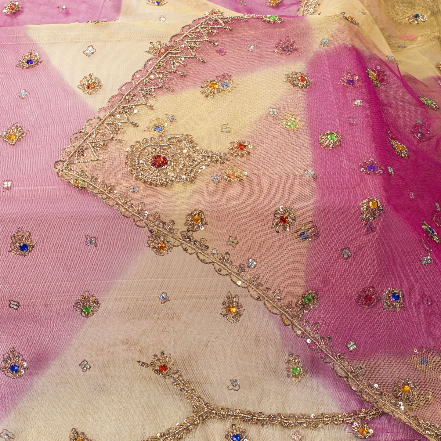 Sanskriti Vintage Pink Net Dupatta/Stole Hand Embroidered Zardozi Wedding Veil