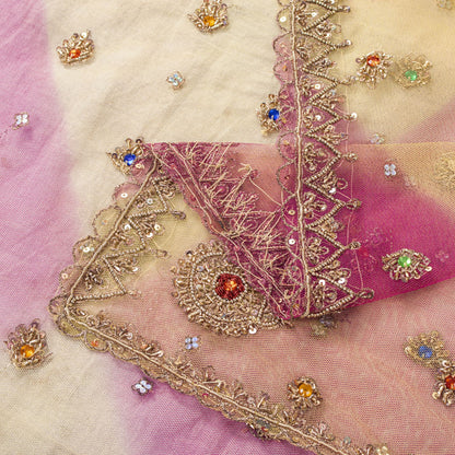 Sanskriti Vintage Pink Net Dupatta/Stole Hand Embroidered Zardozi Wedding Veil