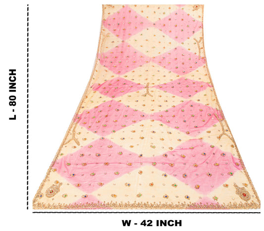 Sanskriti Vintage Pink Net Dupatta/Stole Hand Embroidered Zardozi Wedding Veil