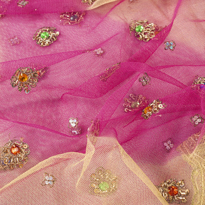 Sanskriti Vintage Pink Net Dupatta/Stole Hand Embroidered Zardozi Wedding Veil