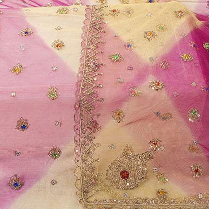 Sanskriti Vintage Pink Net Dupatta/Stole Hand Embroidered Zardozi Wedding Veil