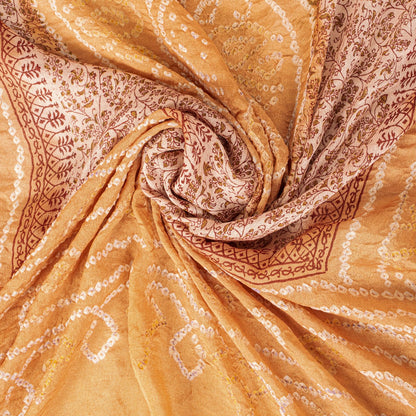 Sanskriti Vintage Dupatta/Stole Peach-Cream Pure Silk Bandhani Work-Kalamkari