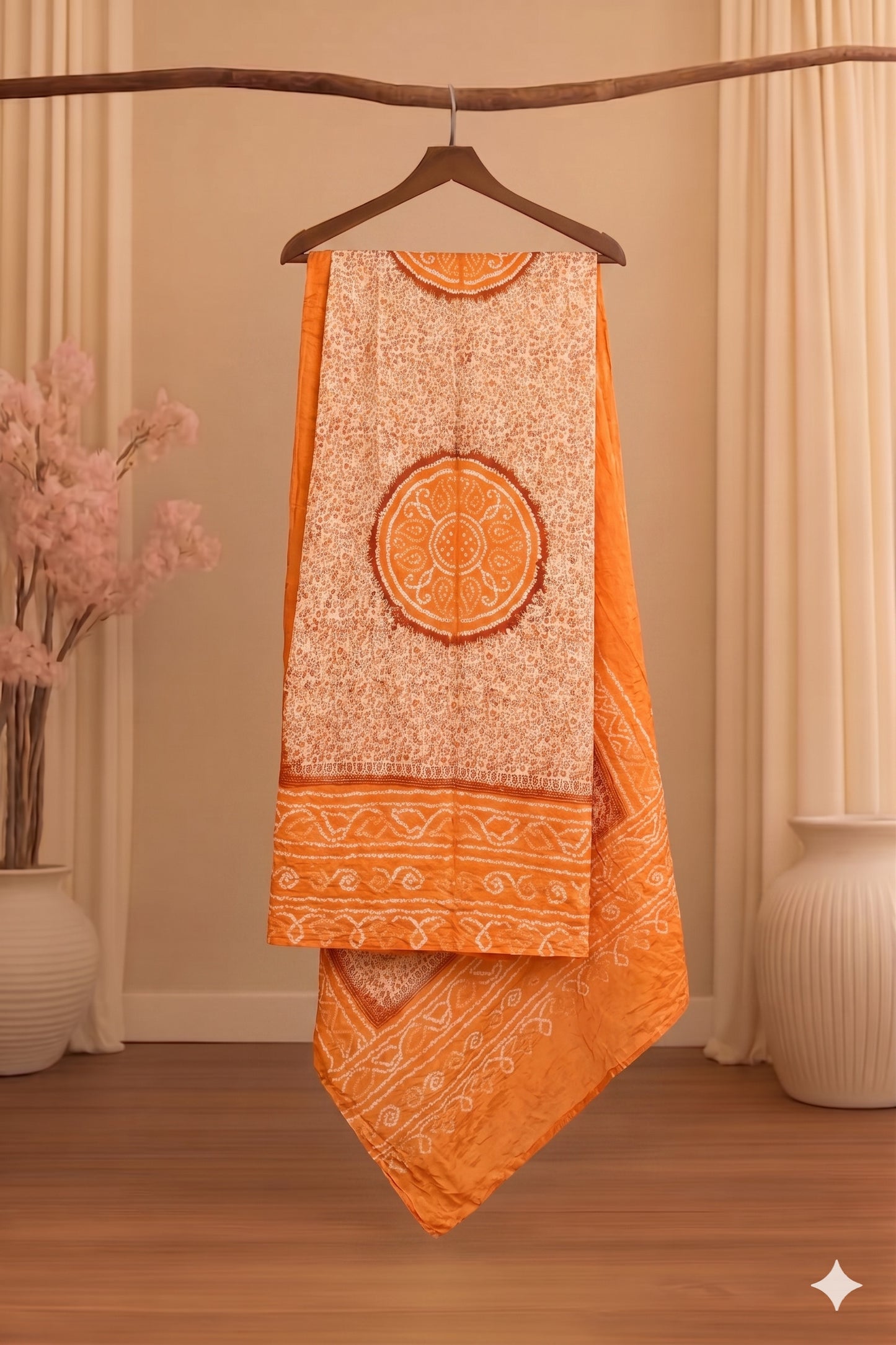 Sanskriti Vintage Dupatta/Stole Peach-Cream Pure Silk Bandhani Work-Kalamkari