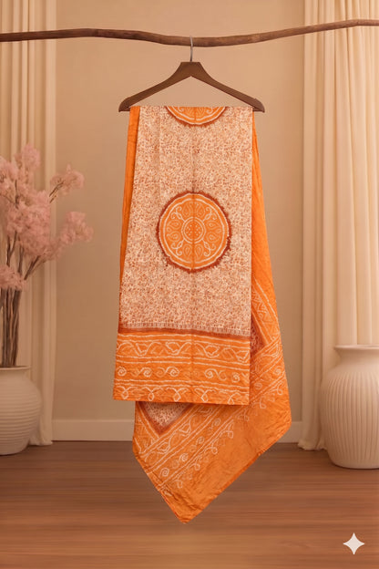 Sanskriti Vintage Dupatta/Stole Peach-Cream Pure Silk Bandhani Work-Kalamkari