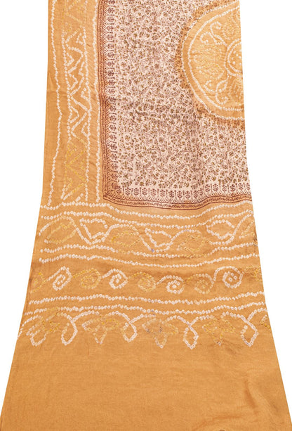 Sanskriti Vintage Dupatta/Stole Peach-Cream Pure Silk Bandhani Work-Kalamkari