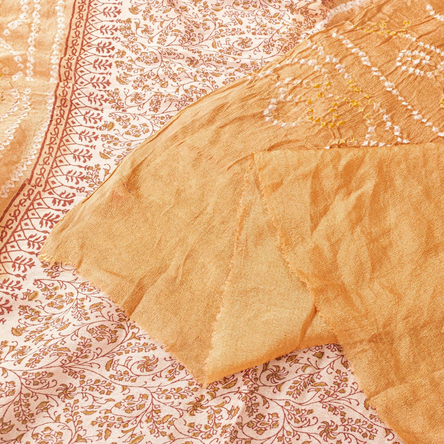 Sanskriti Vintage Dupatta/Stole Peach-Cream Pure Silk Bandhani Work-Kalamkari