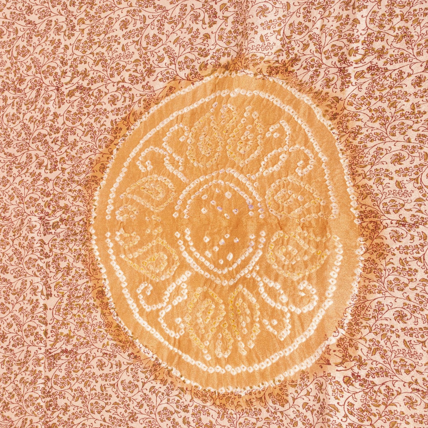 Sanskriti Vintage Dupatta/Stole Peach-Cream Pure Silk Bandhani Work-Kalamkari