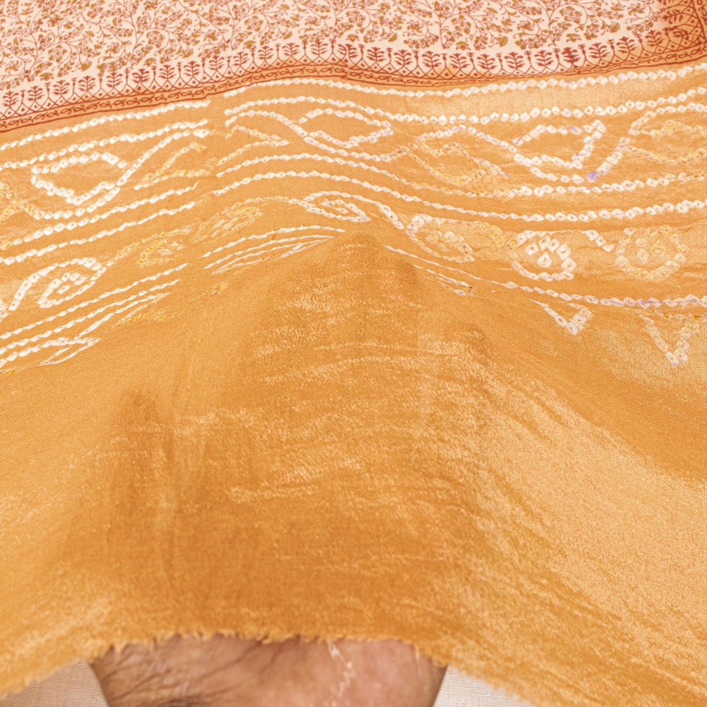 Sanskriti Vintage Dupatta/Stole Peach-Cream Pure Silk Bandhani Work-Kalamkari