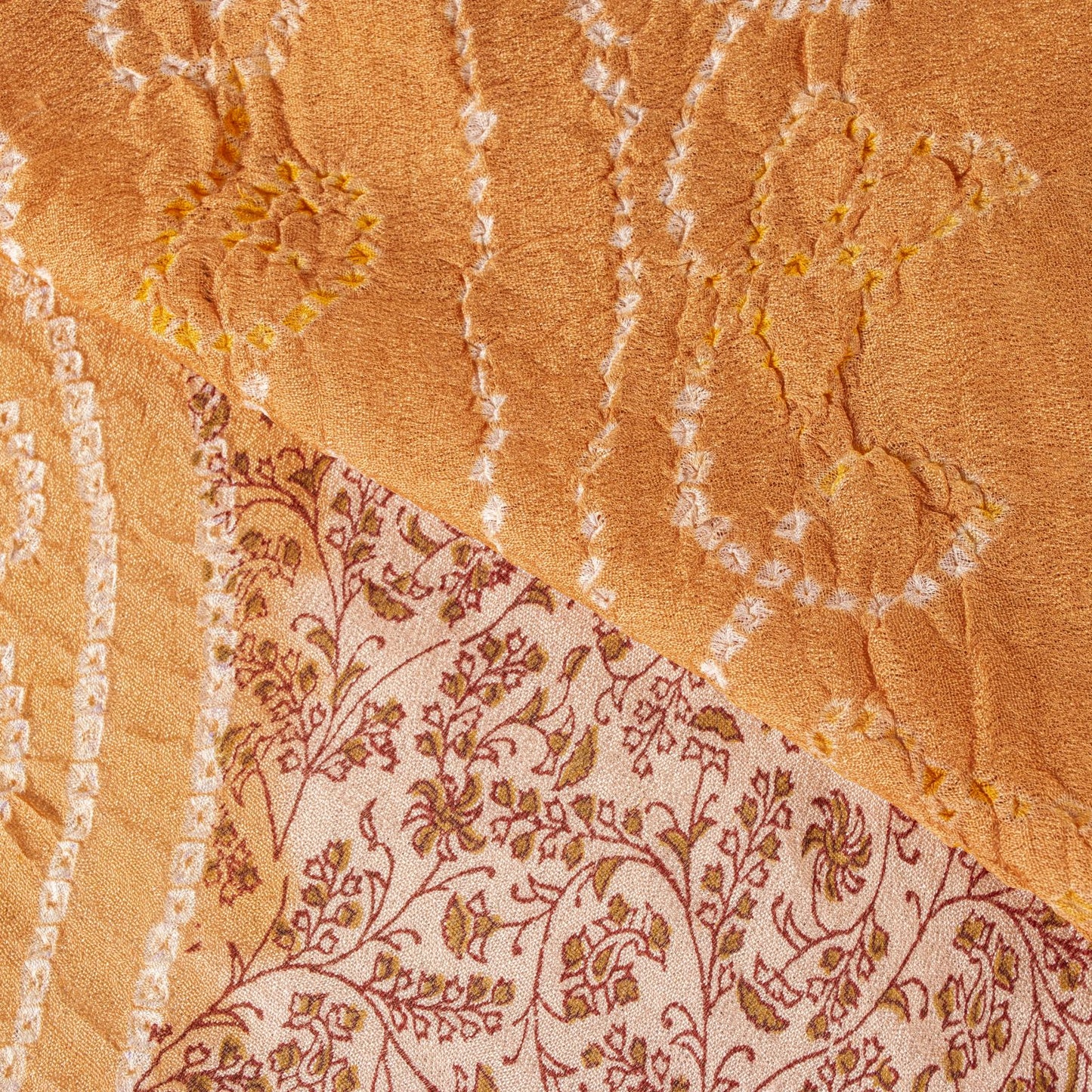 Sanskriti Vintage Dupatta/Stole Peach-Cream Pure Silk Bandhani Work-Kalamkari