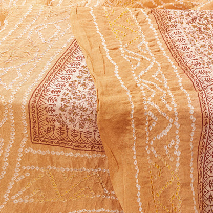 Sanskriti Vintage Dupatta/Stole Peach-Cream Pure Silk Bandhani Work-Kalamkari
