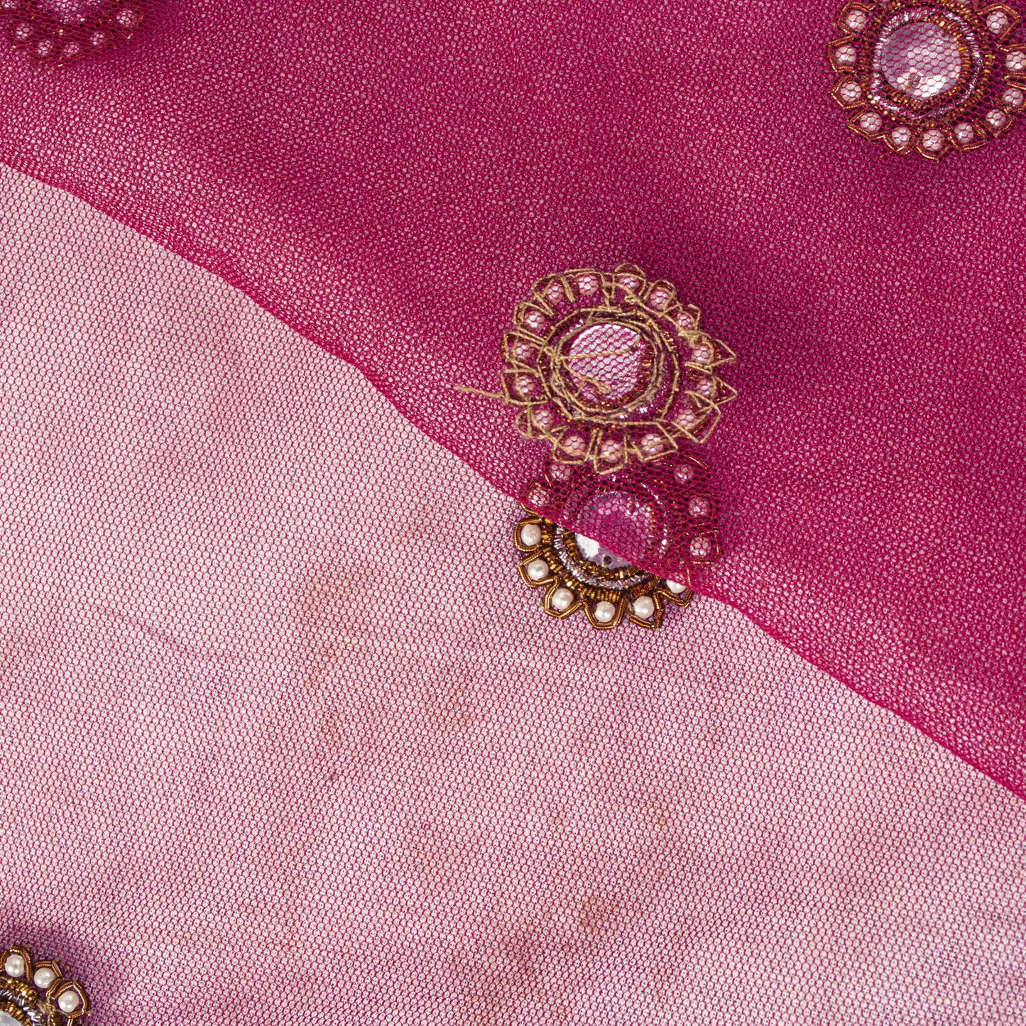 Sanskriti Vintage Pink Net Dupatta/Stole Hand Embroidered Zardozi Indian Veil
