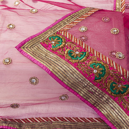 Sanskriti Vintage Pink Net Dupatta/Stole Hand Embroidered Zardozi Indian Veil