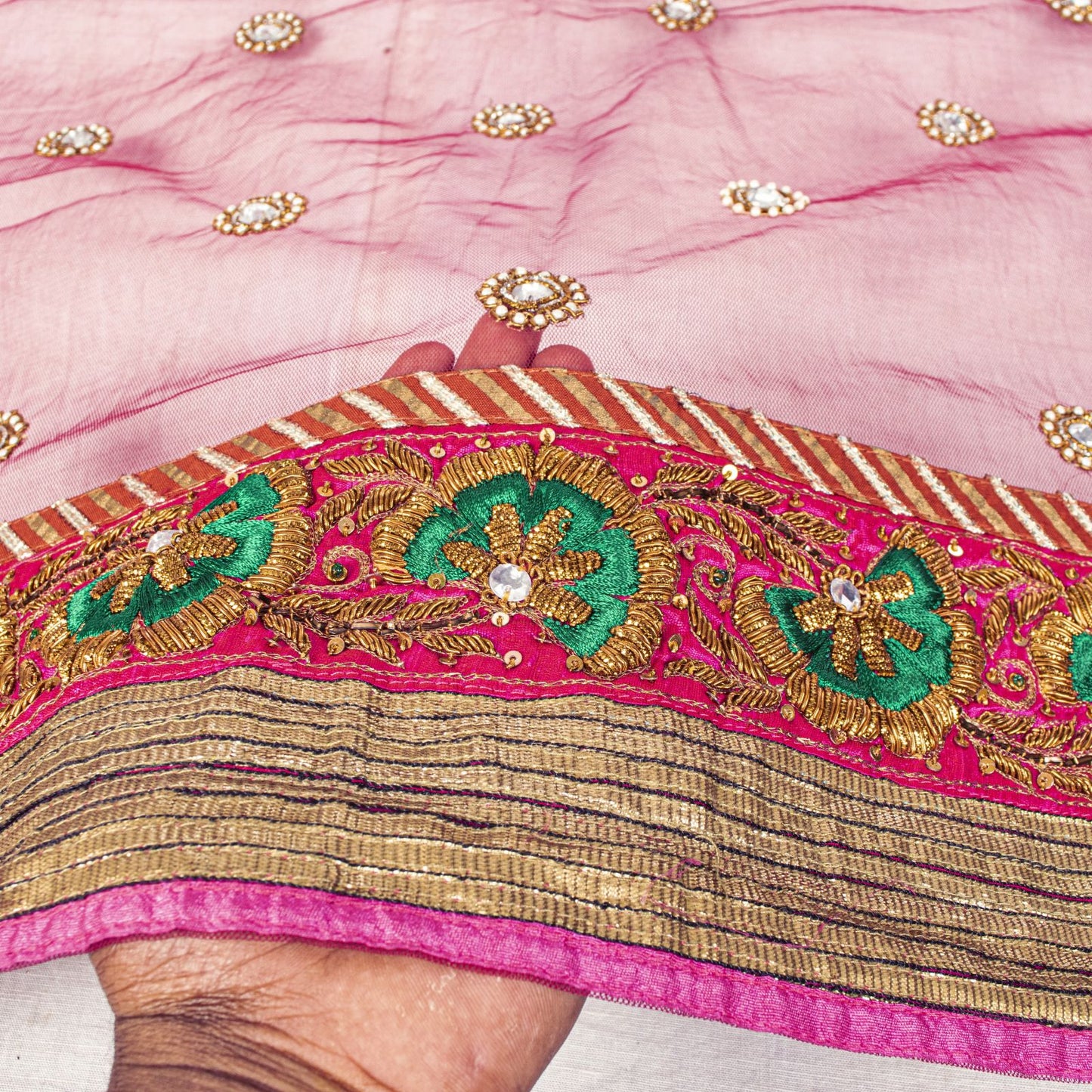 Sanskriti Vintage Pink Net Dupatta/Stole Hand Embroidered Zardozi Indian Veil