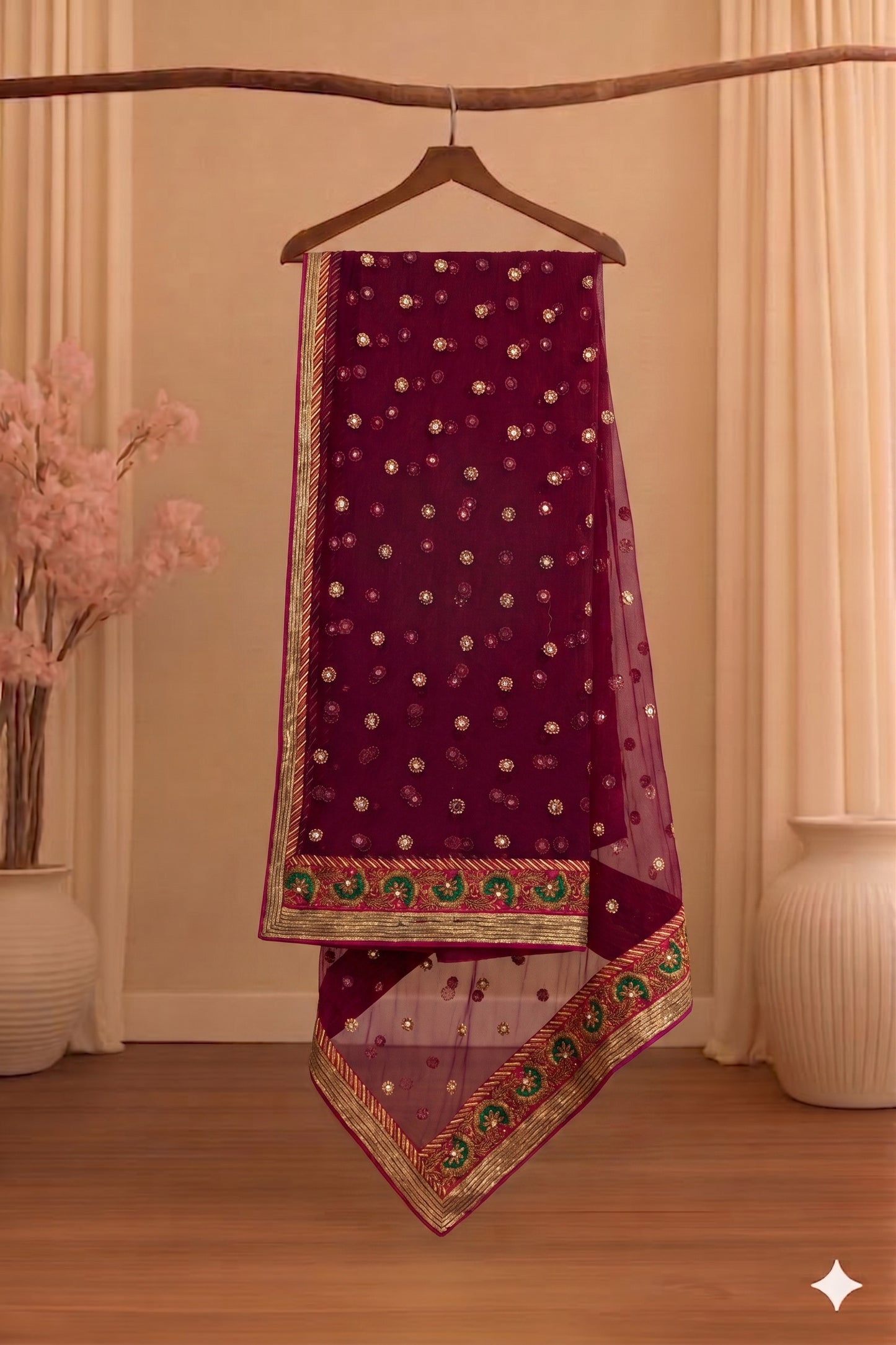 Sanskriti Vintage Pink Net Dupatta/Stole Hand Embroidered Zardozi Indian Veil