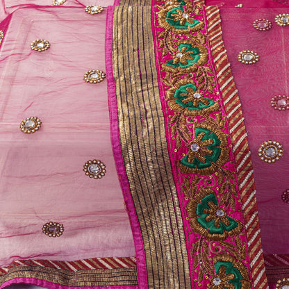 Sanskriti Vintage Pink Net Dupatta/Stole Hand Embroidered Zardozi Indian Veil
