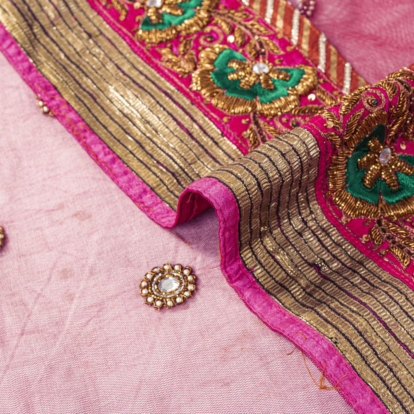 Sanskriti Vintage Pink Net Dupatta/Stole Hand Embroidered Zardozi Indian Veil