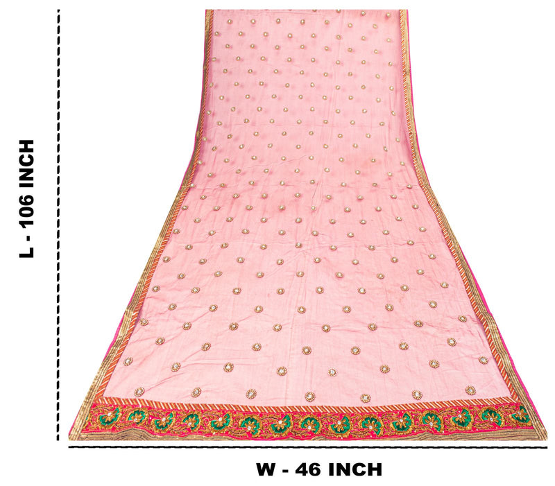 Sanskriti Vintage Pink Net Dupatta/Stole Hand Embroidered Zardozi Indian Veil