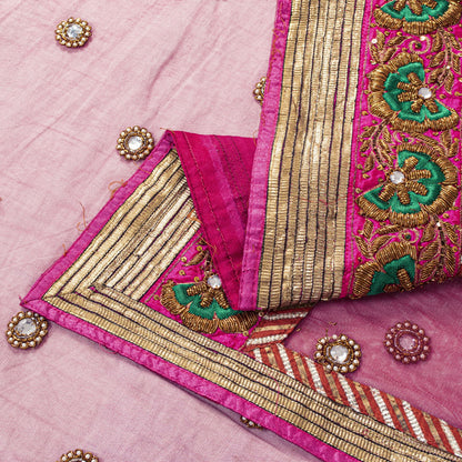 Sanskriti Vintage Pink Net Dupatta/Stole Hand Embroidered Zardozi Indian Veil
