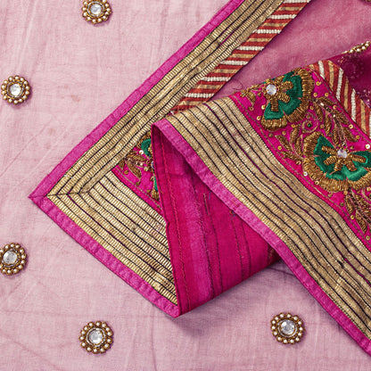 Sanskriti Vintage Pink Net Dupatta/Stole Hand Embroidered Zardozi Indian Veil
