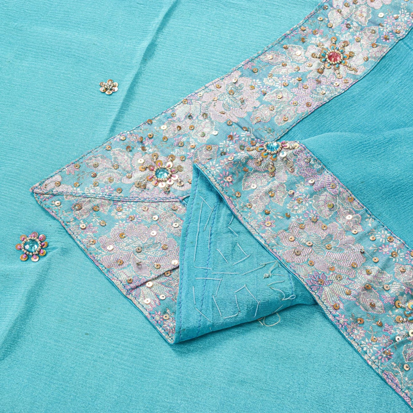 Sanskriti Vintage Blue 100%Pure Silk Dupatta/Stole Hand Beaded Wedding Soft Veil